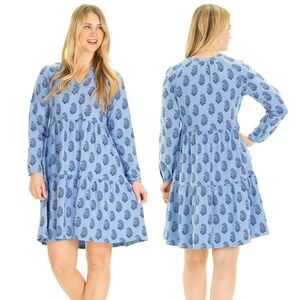 Duffield Lane Blue Fall Posy Floral Fiona Tiered Long Sleeve Dress